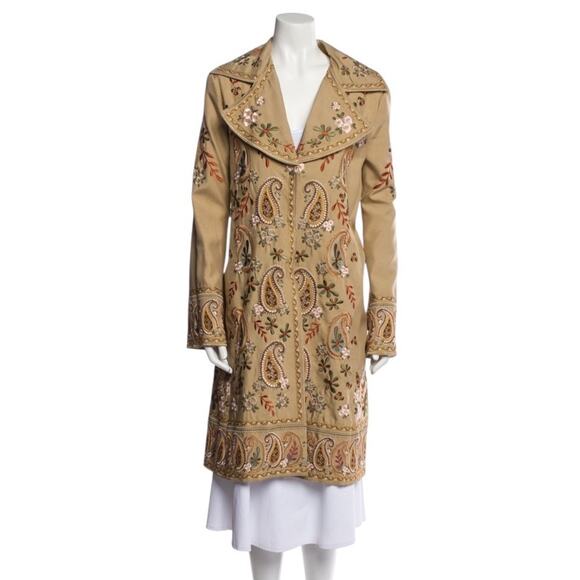 Biya Johnny Was 100% Silk Embroidered Western Boho Duster Coat Beige XS - Picture 2 of 16